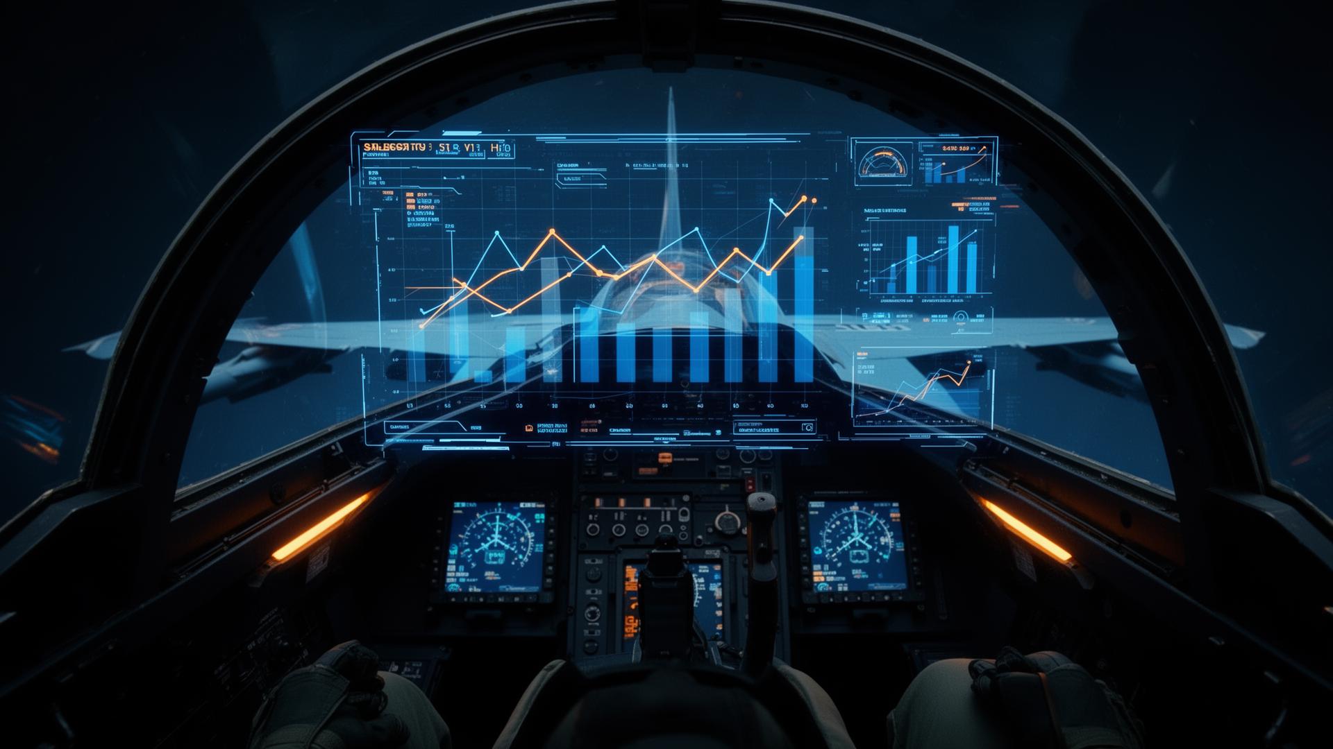 Cockpit de caça com HUD digital de métricas de vendas